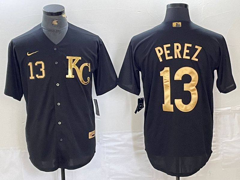 Men Kansas City Royals 13 Perez Black gold 4 th generation Nike 2024 MLB Jersey style 3